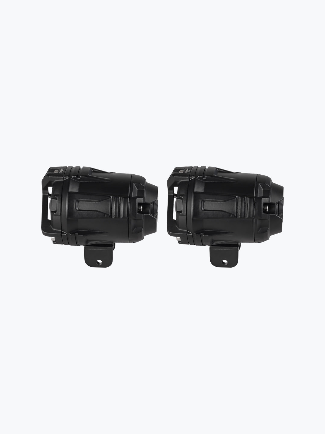 Pair of black motorcycle fog lights with mounting brackets on white background
