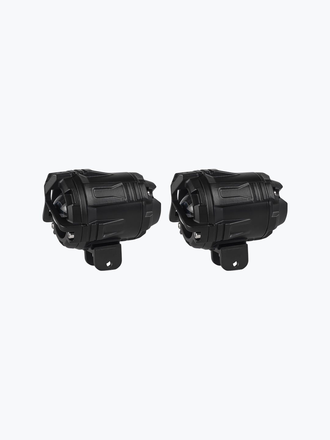 Pair of black motorcycle fog lights with mounting brackets, isolated on white background