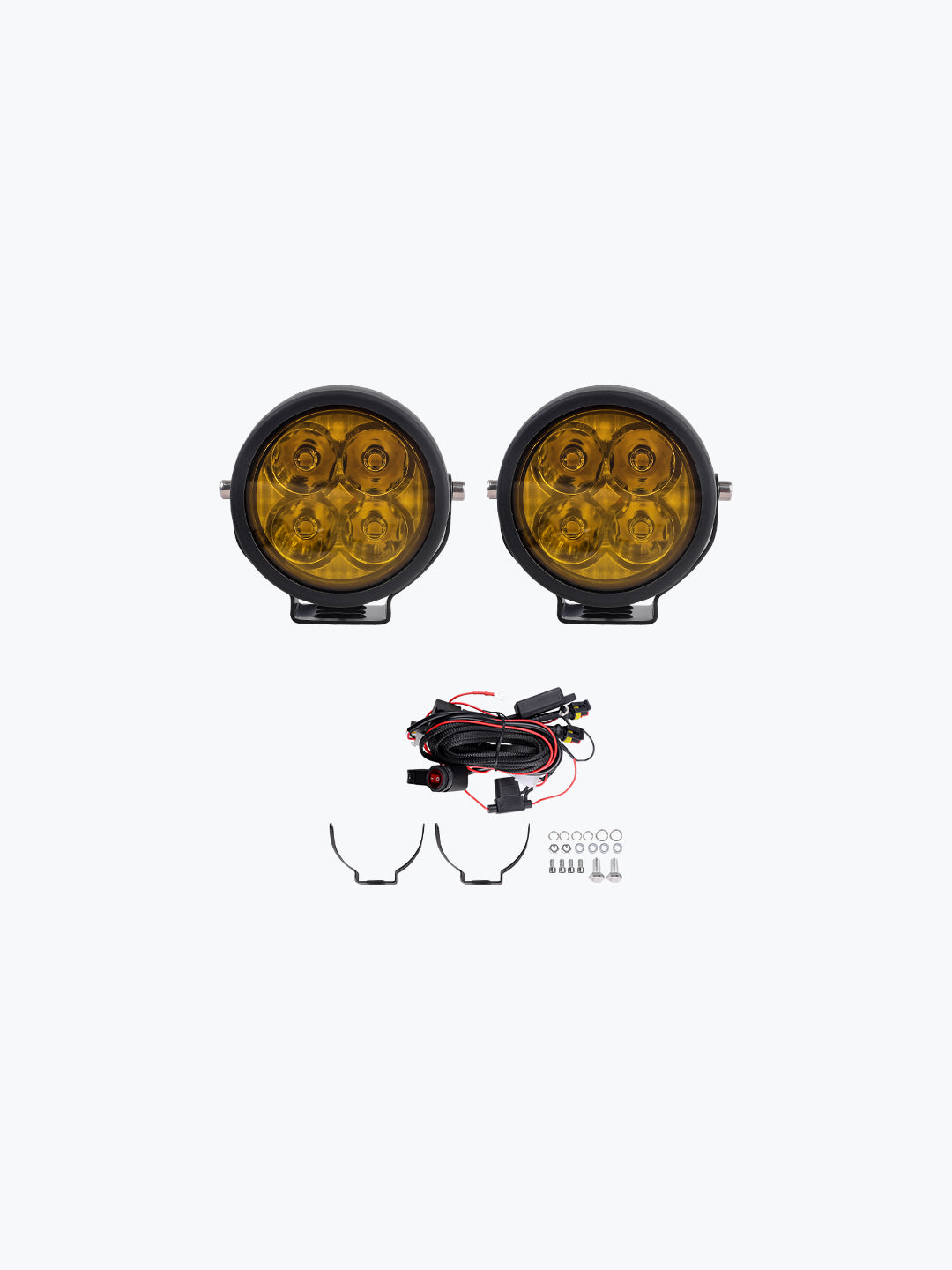 Round yellow LED fog lights set with wiring harness, mounts, and hardware kit.
