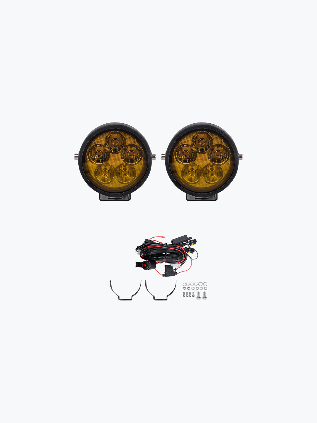 Round LED yellow fog light pair with wiring harness and mounting hardware kit