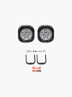 Pair of square LED auxiliary lights with mounting brackets and hardware for motorcycles