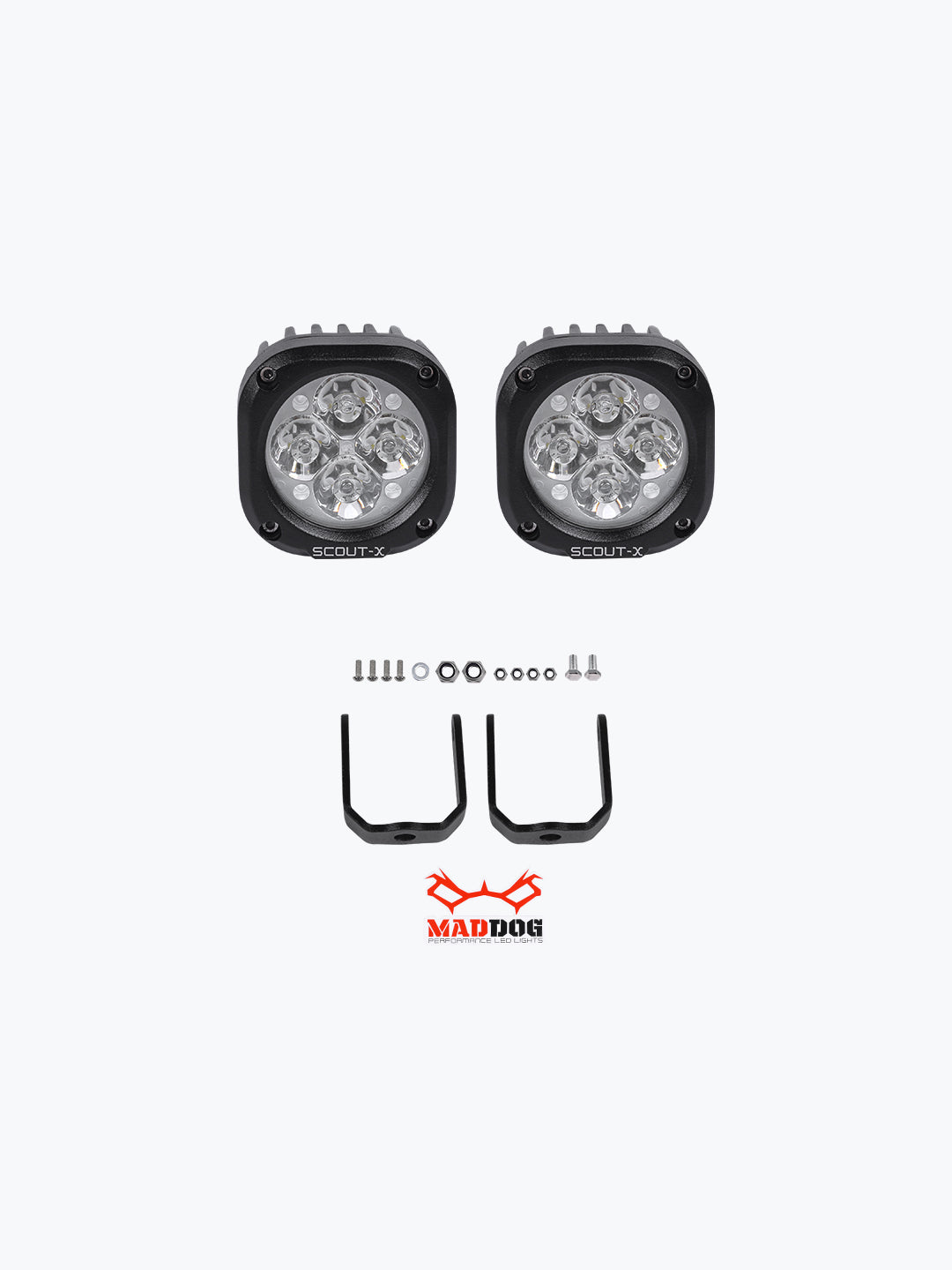 Pair of square LED auxiliary lights with mounting brackets and hardware for motorcycles