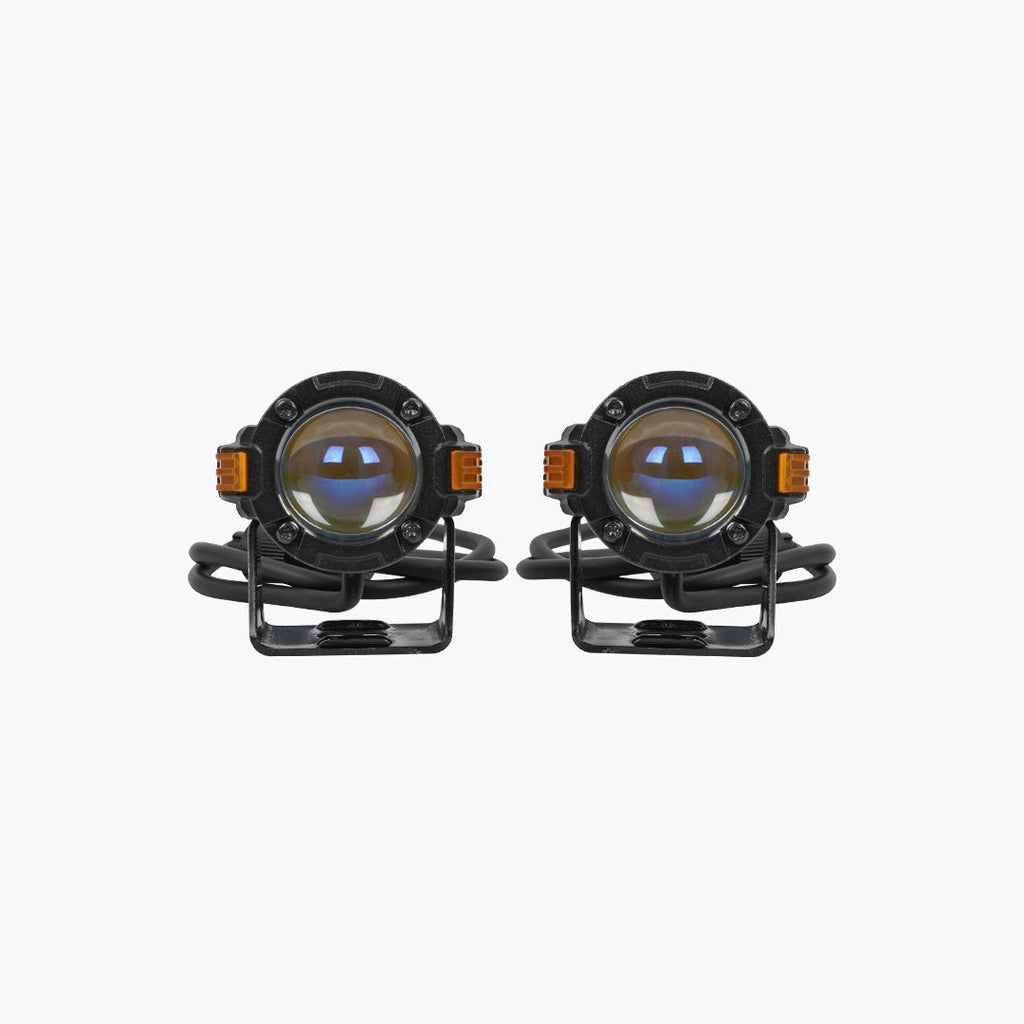 Pair of round LED motorcycle fog lights with mounting brackets on white background