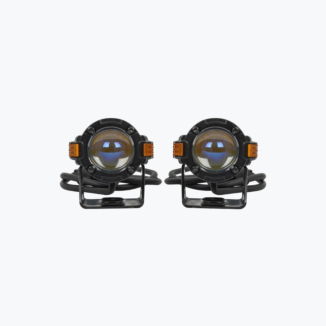 Pair of round LED motorcycle fog lights with mounting brackets on white background