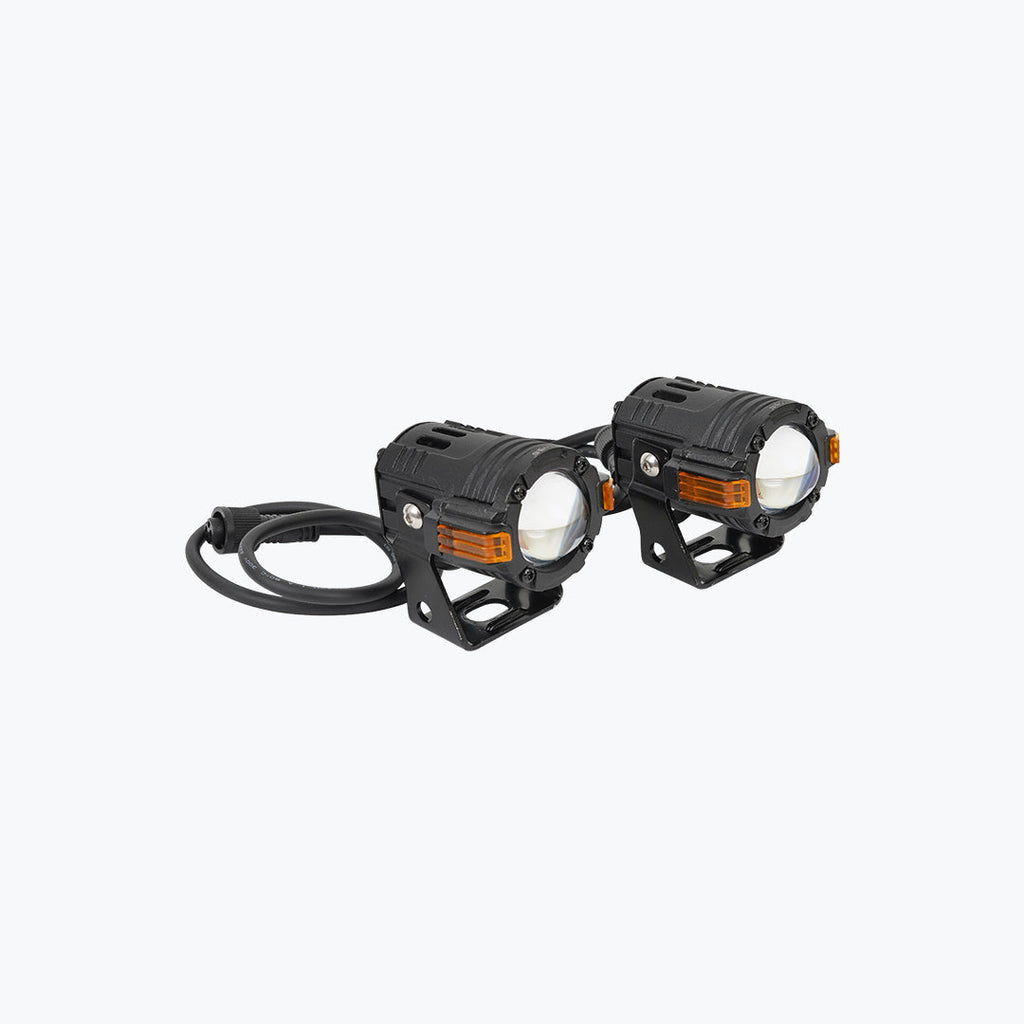 Pair of black motorcycle LED auxiliary lights with mounting brackets and amber side markers