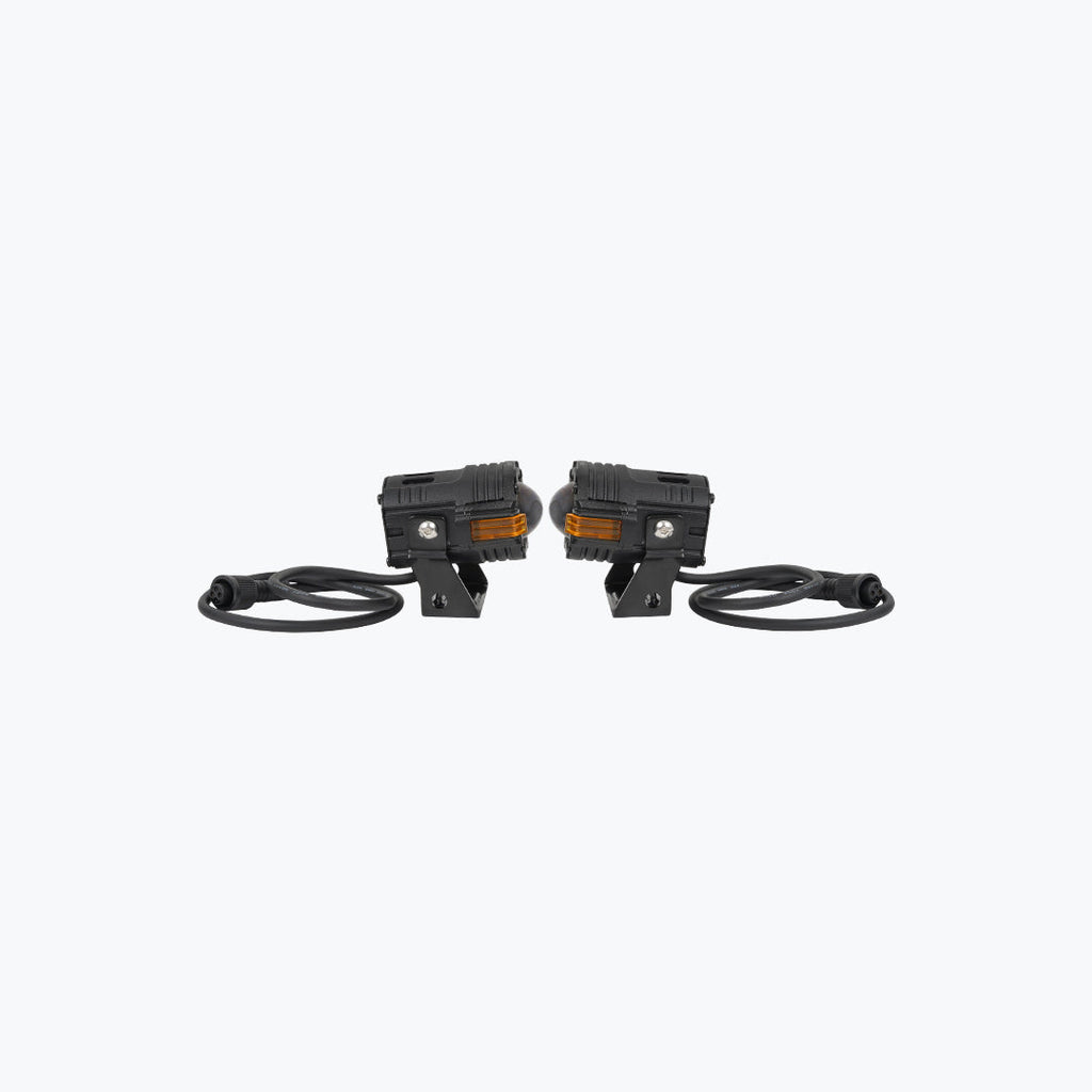Pair of black motorcycle LED auxiliary lights with mounting brackets and wiring