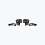 Pair of black motorcycle LED auxiliary lights with mounting brackets and wiring