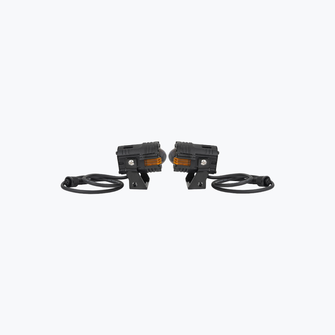 Pair of black motorcycle LED auxiliary lights with mounting brackets and wiring