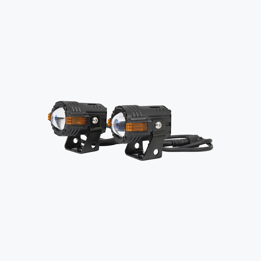 Pair of black motorcycle LED auxiliary lights with mounting brackets and wires