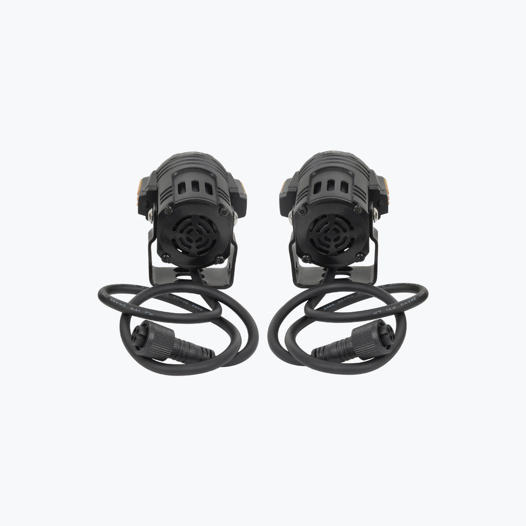 Pair of black motorcycle auxiliary LED lights with mounting brackets and cables on white background
