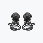 Pair of black motorcycle auxiliary LED lights with mounting brackets and cables on white background