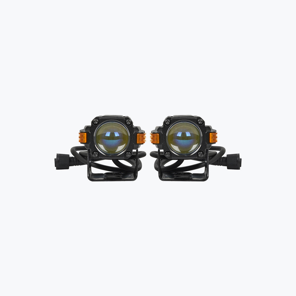 Pair of black motorcycle LED auxiliary fog lights with mounting brackets and wiring