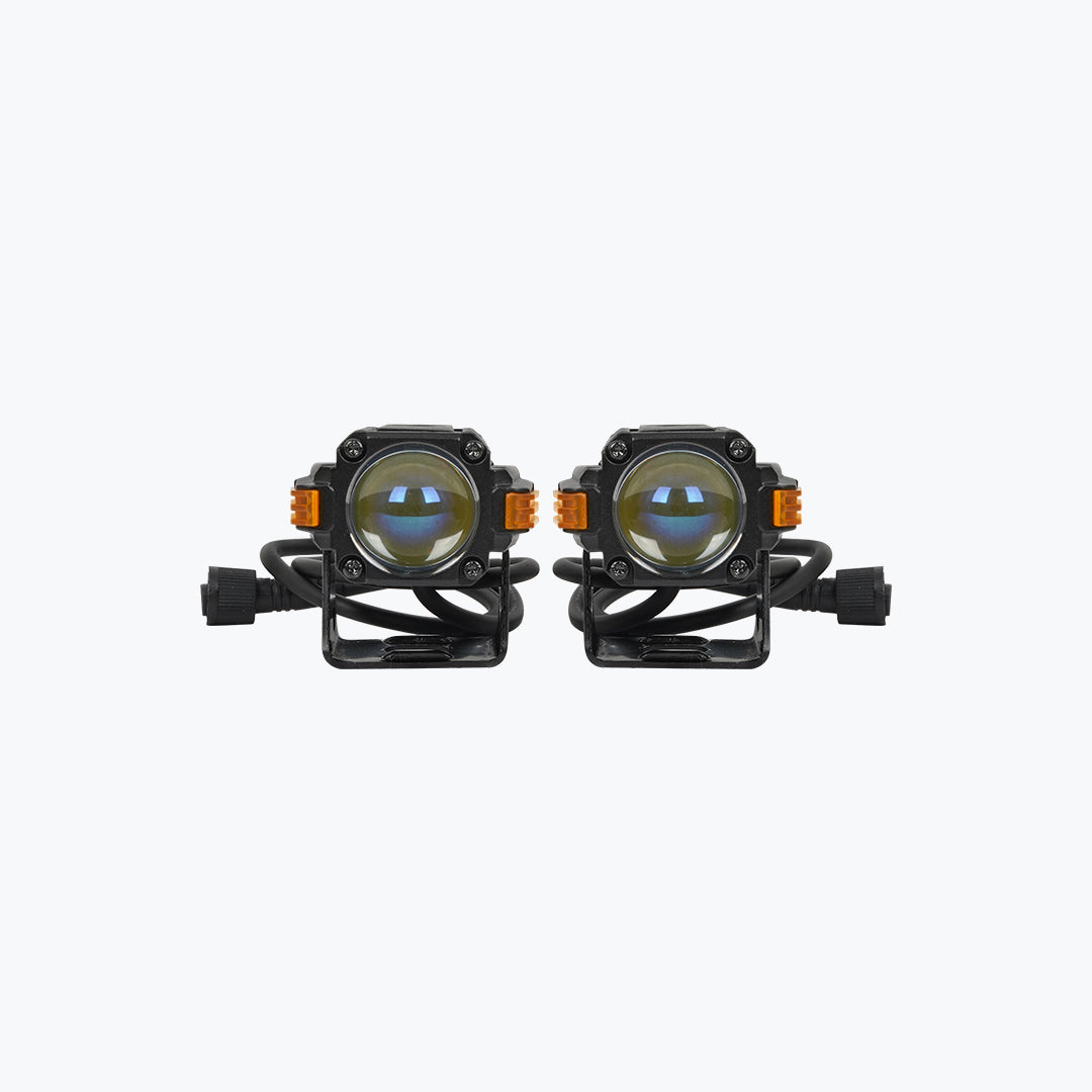 Pair of black motorcycle LED auxiliary fog lights with mounting brackets and wiring