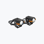 Pair of black LED motorcycle auxiliary lights with mounting brackets and amber side markers