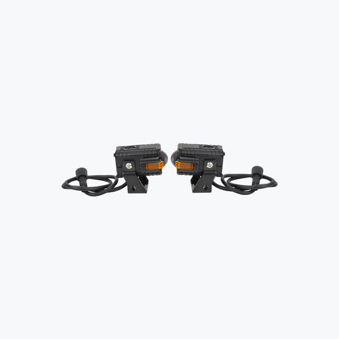 Pair of black motorcycle LED auxiliary lights with mounting brackets and cables