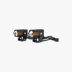 Pair of black motorcycle LED auxiliary lights with mounting brackets and wiring