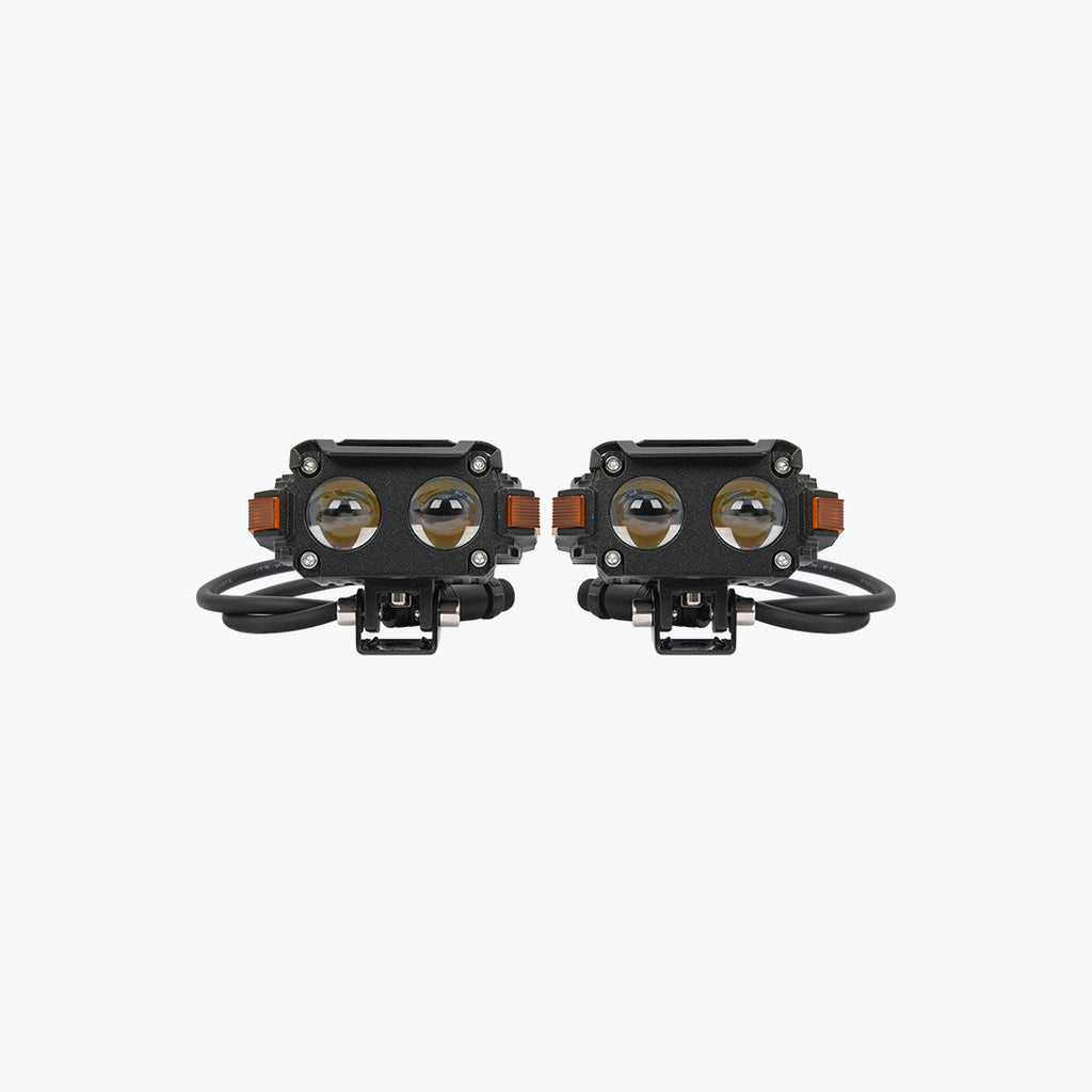 Pair of black LED motorcycle auxiliary lights with dual lenses and mounting wires