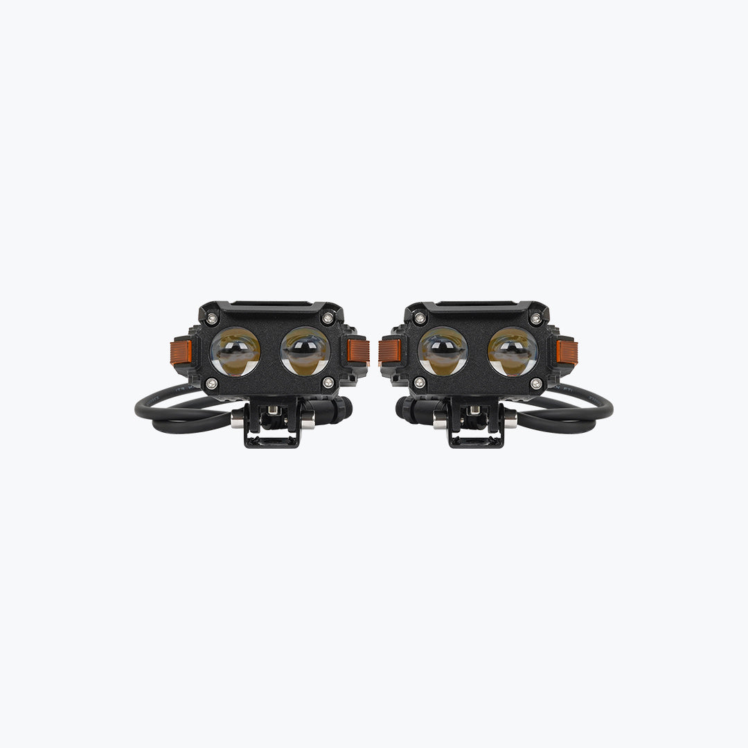 Pair of black LED motorcycle auxiliary lights with dual lenses and mounting wires