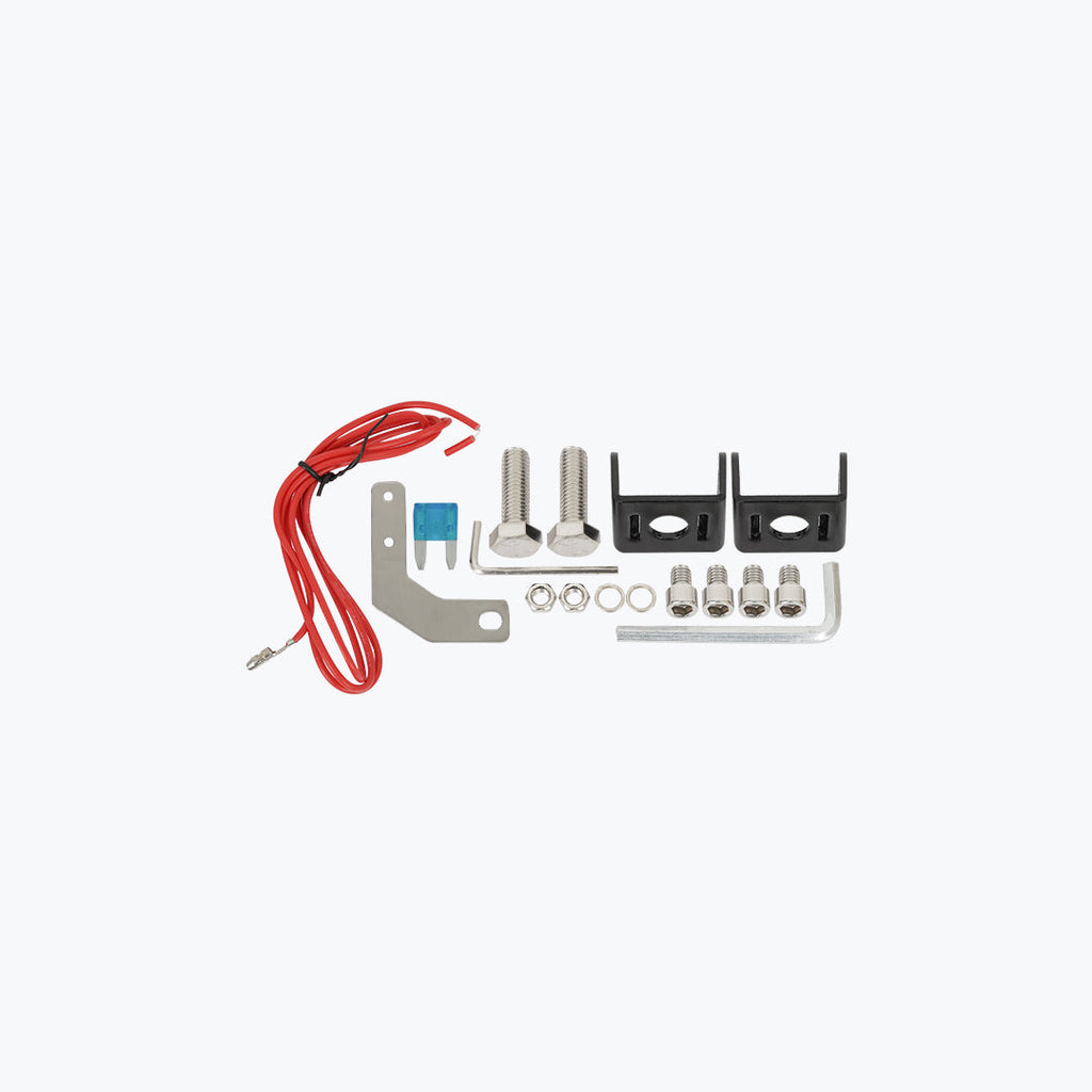 Motorcycle wiring kit with red cable, bolts, fuses, brackets, nuts, and screws on white background
