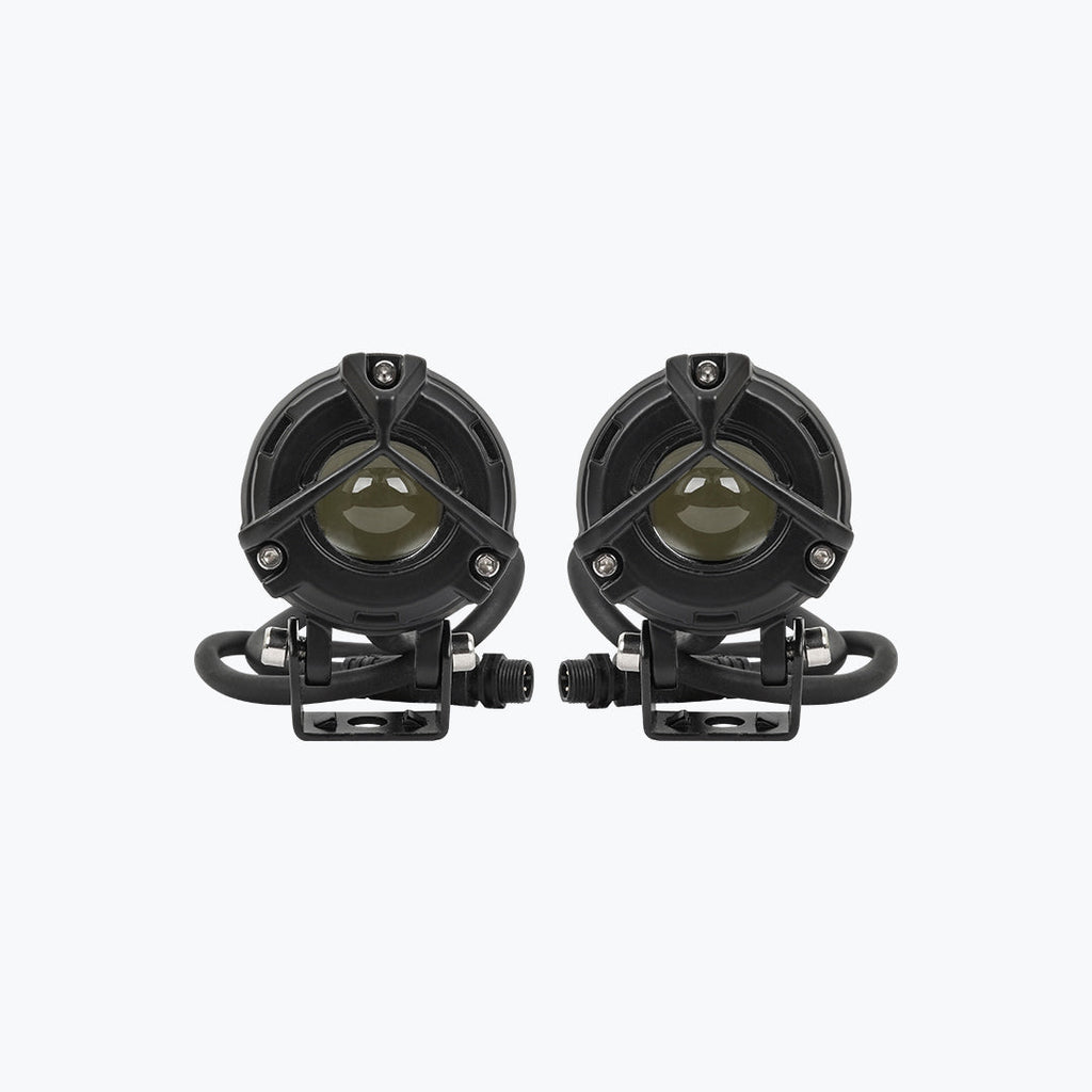 Pair of round black motorcycle LED auxiliary lights with mounting brackets