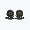 Pair of round black motorcycle LED auxiliary lights with mounting brackets