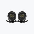 Pair of round black motorcycle LED auxiliary lights with mounting brackets