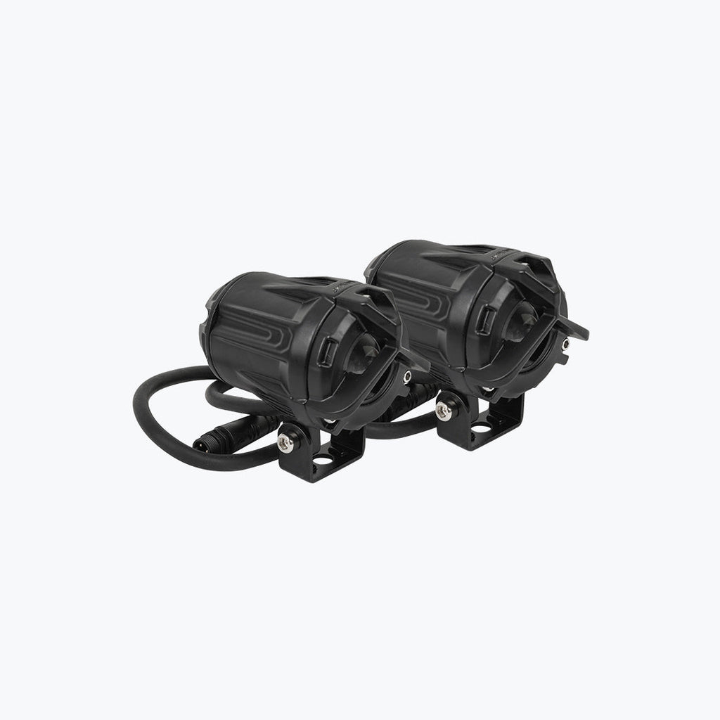 Pair of black motorcycle LED auxiliary lights with mounting brackets and cords