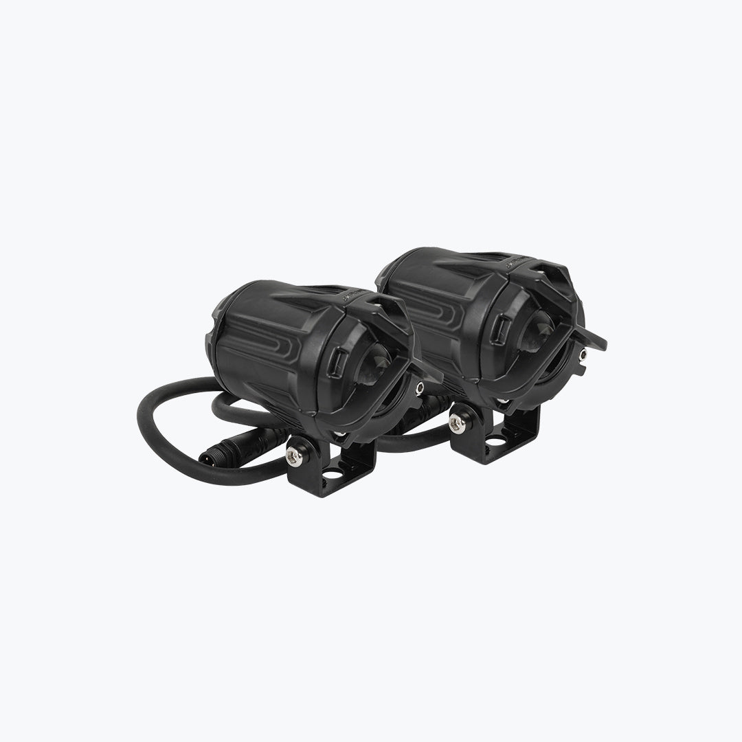 Pair of black motorcycle LED auxiliary lights with mounting brackets and cords