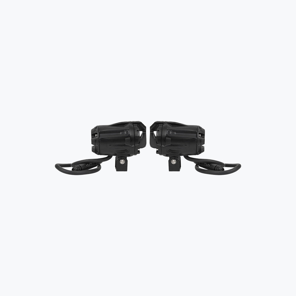 Pair of black motorcycle auxiliary LED lights with mounting brackets and cables
