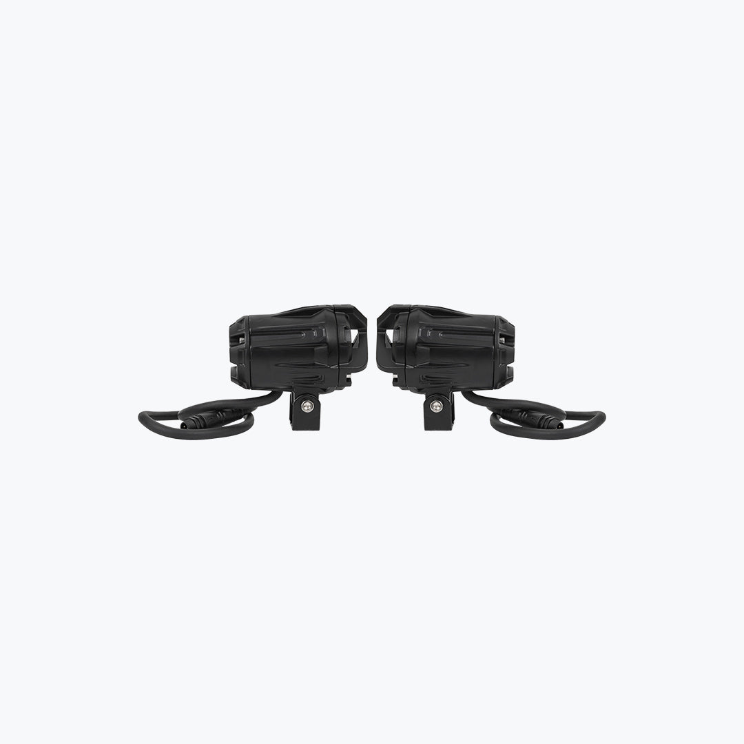 Pair of black motorcycle auxiliary LED lights with mounting brackets and cables