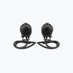 Pair of black LED motorcycle auxiliary lights with cables on a white background