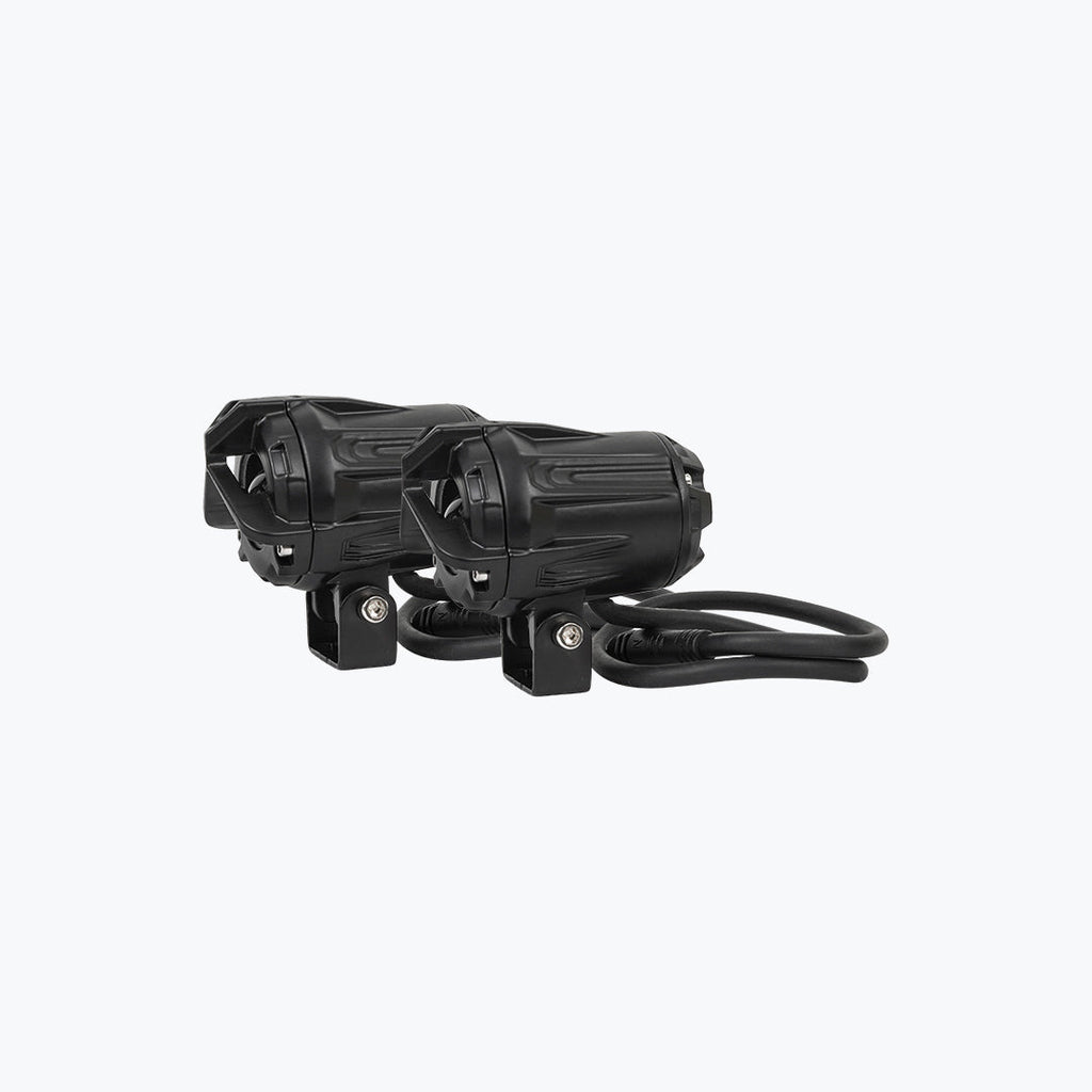 Pair of black motorcycle auxiliary LED lights with mounting brackets and wires
