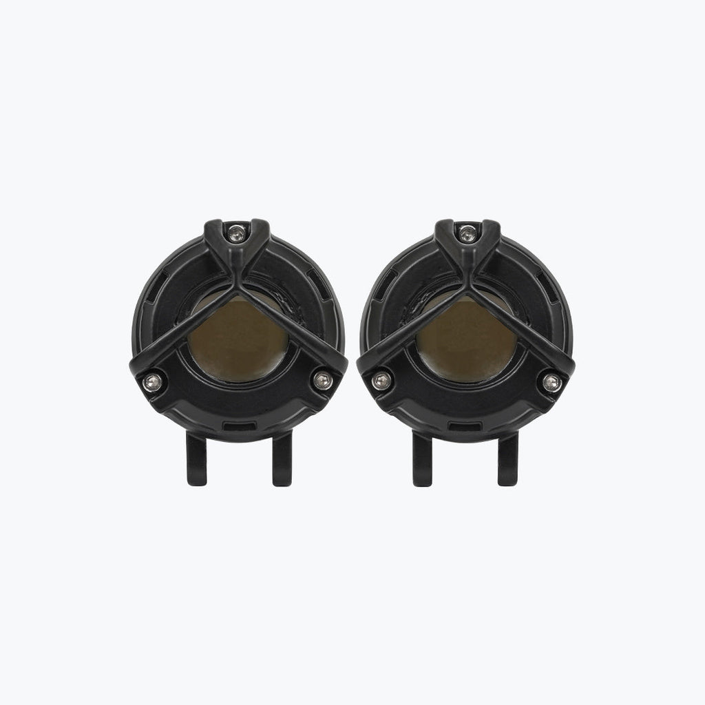 Pair of round black motorcycle auxiliary fog lights with protective grilles
