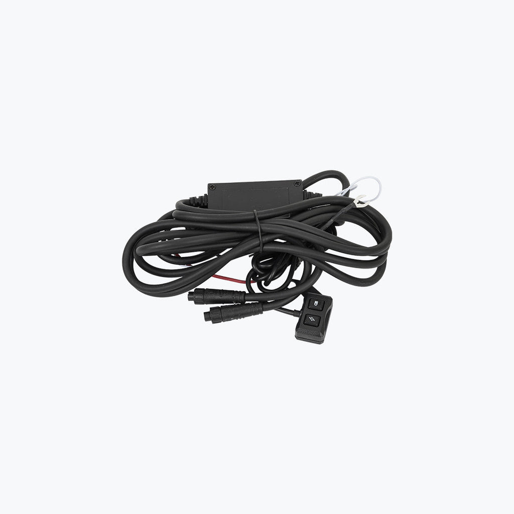 Motorcycle wiring harness with power switch and connectors on white background