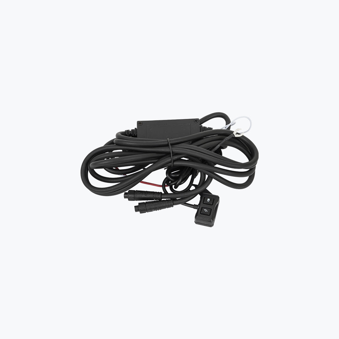 Motorcycle wiring harness with power switch and connectors on white background