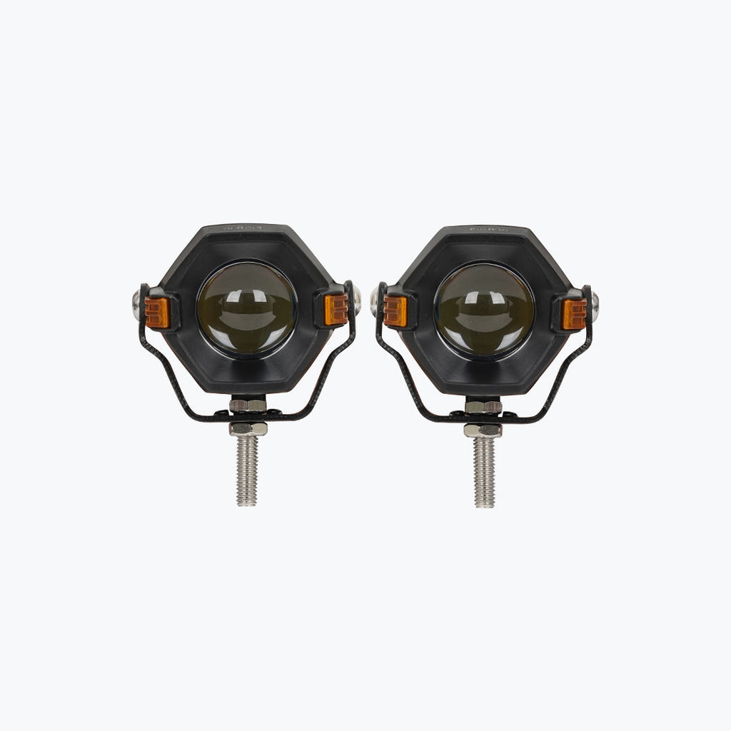 Pair of hexagonal motorcycle LED fog lights with mounting brackets on white background