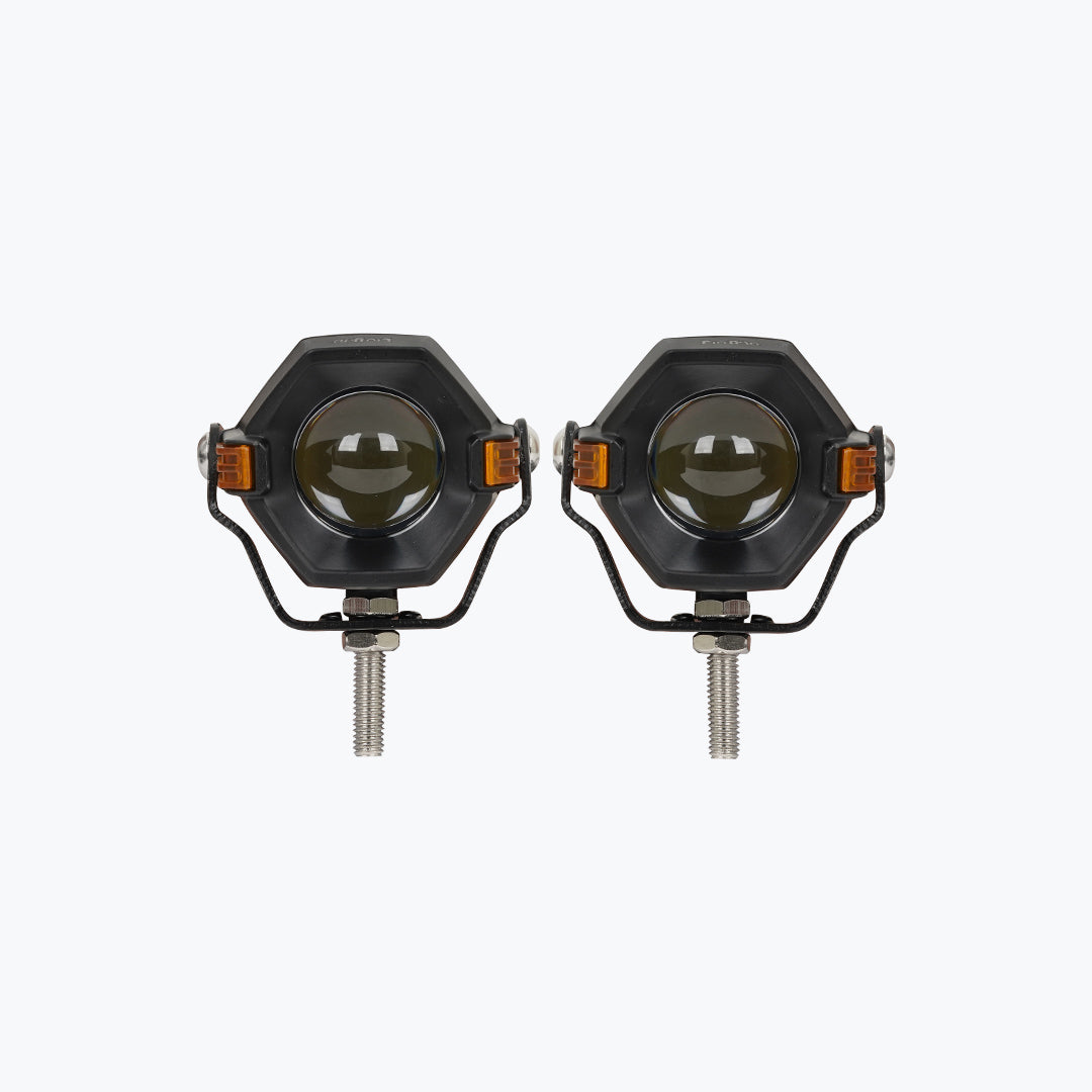 Pair of hexagonal motorcycle LED fog lights with mounting brackets on white background