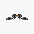 Pair of hexagonal LED motorcycle auxiliary lights with wiring harness on white background