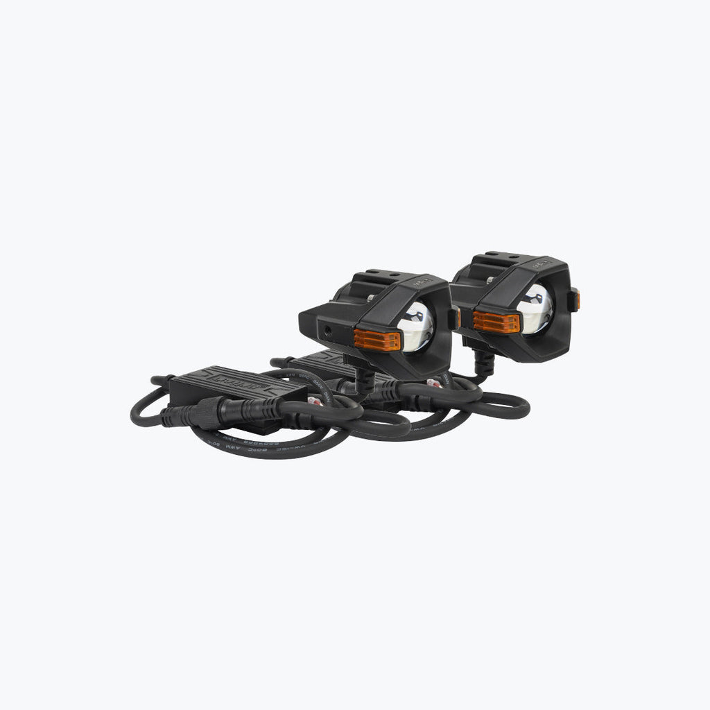 Pair of black motorcycle LED auxiliary lights with wiring and amber side markers