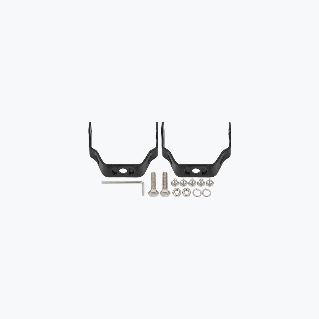 Motorcycle mounting bracket kit with two black brackets, bolts, nuts, and allen key on white background.