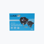 Motorcycle LED auxiliary light H-P85 box with product features and images on blue background