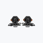 Pair of black motorcycle LED auxiliary lights with mounting brackets and cables on white background