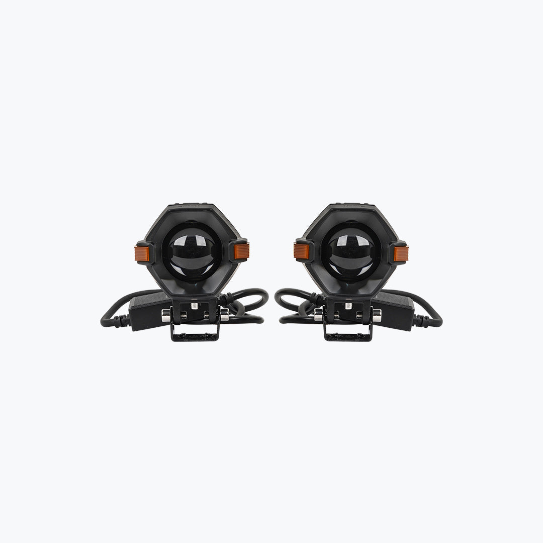 Pair of black motorcycle LED auxiliary lights with mounting brackets and cables on white background