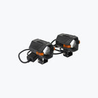 Pair of black motorcycle LED auxiliary lights with mounting brackets and connecting cables