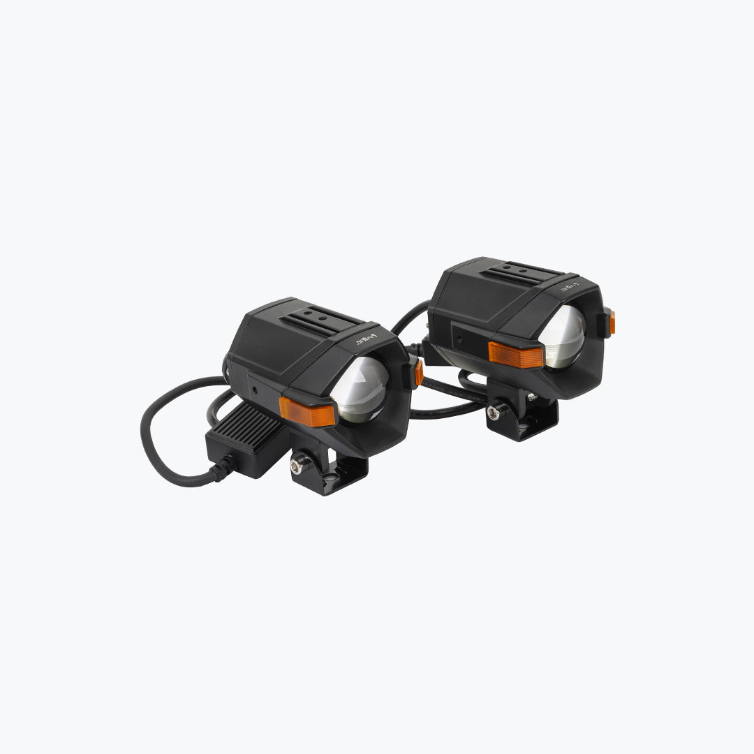 Pair of black motorcycle LED auxiliary lights with mounting brackets and connecting cables