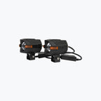 Pair of black motorcycle LED auxiliary lights with mounting brackets and wiring