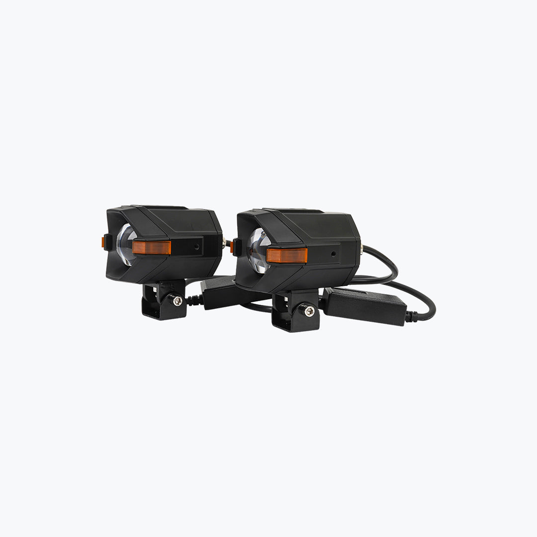 Pair of black motorcycle LED auxiliary lights with mounting brackets and wiring