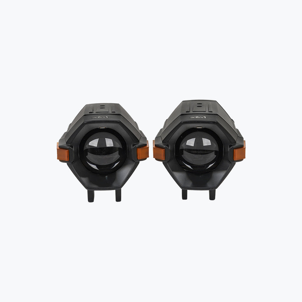 Pair of black motorcycle LED auxiliary lights with amber side markers on white background