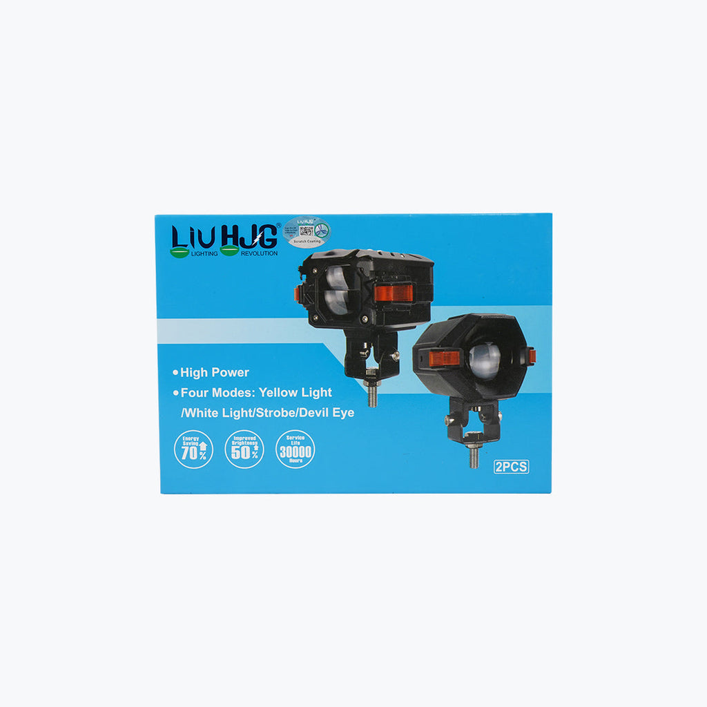 LED motorcycle auxiliary lights in black housing, four lighting modes, product packaging