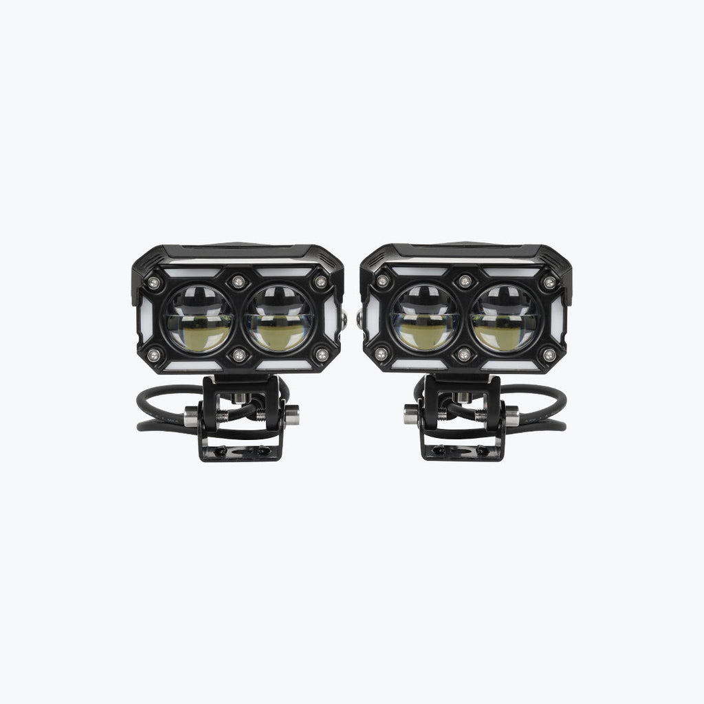 Pair of rectangular LED motorcycle auxiliary lights with black housings and mounting brackets